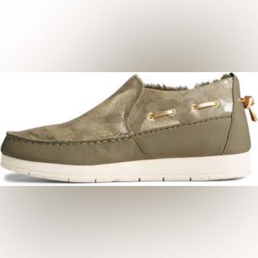 Sperry Moc-sider slip on‎ shoes metallic camouflage women’s size 8.5 faux fur